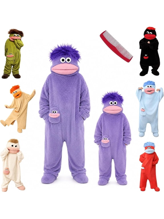 Funny Big Mouth Monster Adult Onesie with Large Comb Prop, Silly Puppet Cosplay One Piece Pajamas, Oversized Fleece Sleepwear for Parent & Little One
