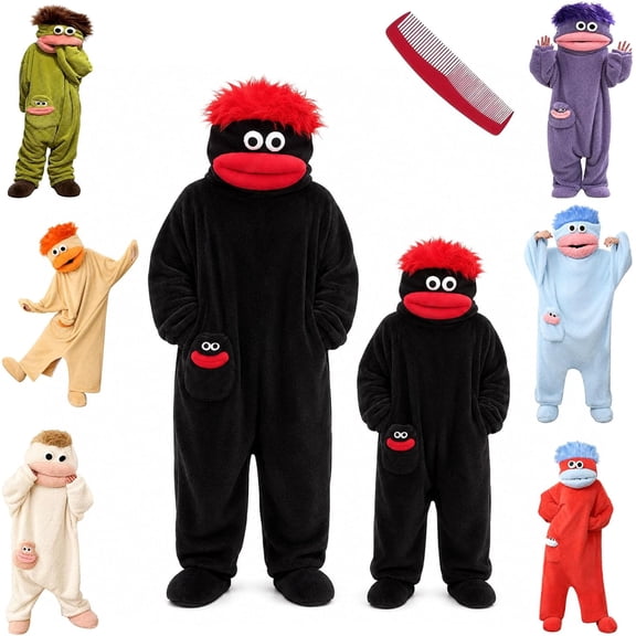 Funny Big Mouth Monster Adult Onesie with Large Comb Prop, Silly Puppet Cosplay One Piece Pajamas, Oversized Fleece Sleepwear for Parent & Little One