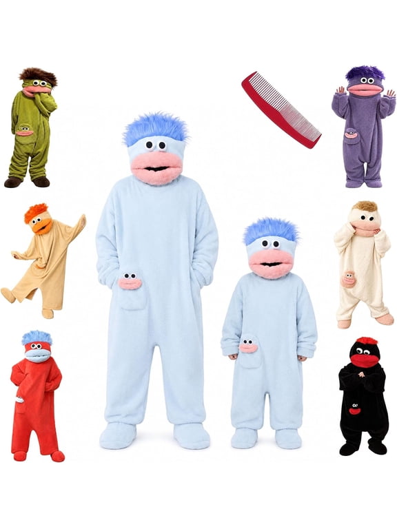 Funny Big Mouth Monster Adult Onesie with Large Comb Prop, Silly Puppet Cosplay One Piece Pajamas, Oversized Fleece Sleepwear for Parent & Little One