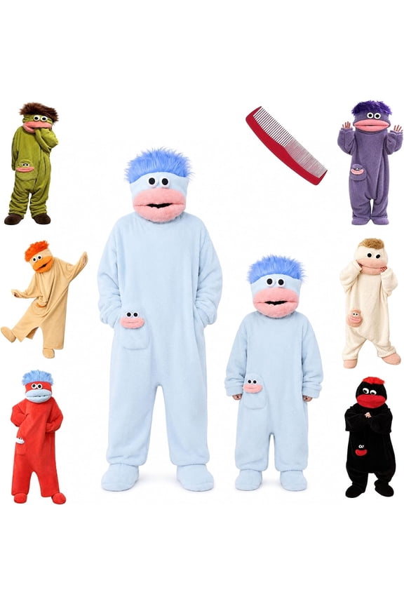 Funny Big Mouth Monster Adult Onesie with Large Comb Prop, Silly Puppet Cosplay One Piece Pajamas, Oversized Fleece Sleepwear for Parent & Little One
