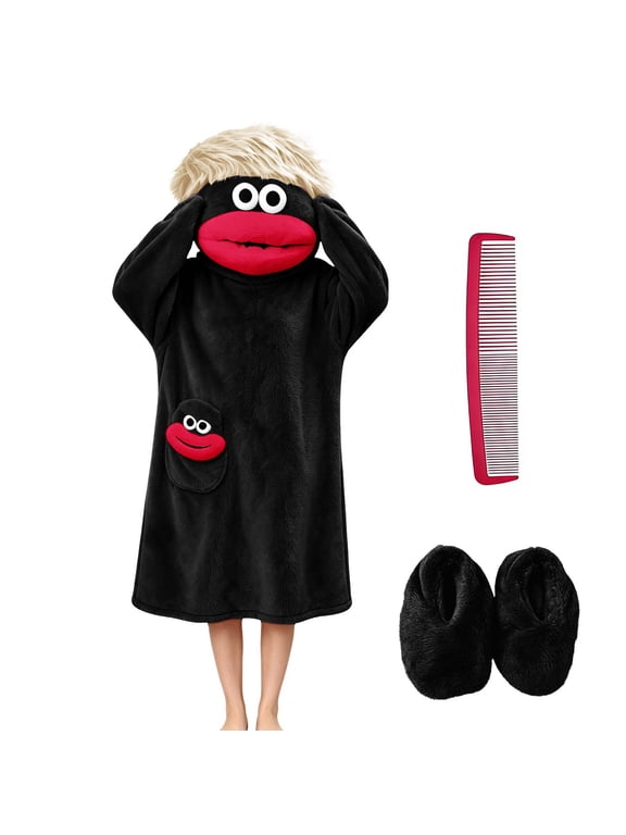 Funny Big Mouth Monster Hooded Jumpsuit Pajamas with Hair Styling Comb and Shoes for Adult, Novelty Plush Sleepwear Loungewear Outfit for Costume Parties and Relaxing Home