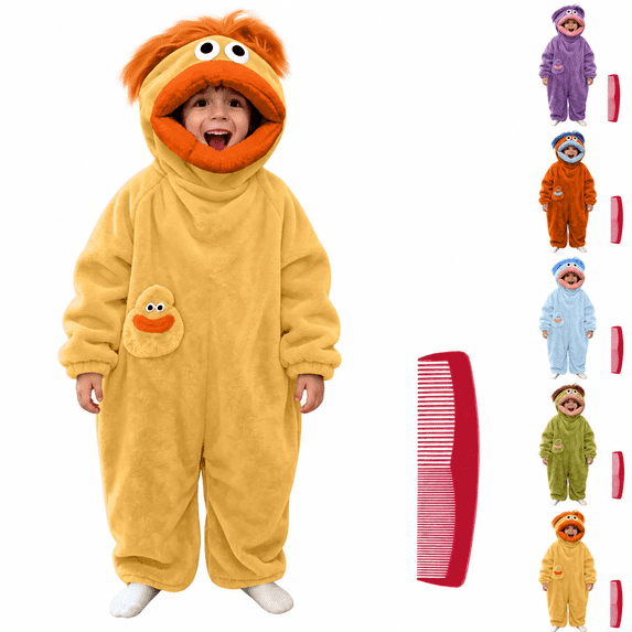 Funny Big Mouth Monster One-Piece Pajamas with 1 Comb, Oversized Fleece One Piece Pajamas for Women & Men, Halloween Costume Long Sleeves Soft Plush Loungewear,Yellow Xl