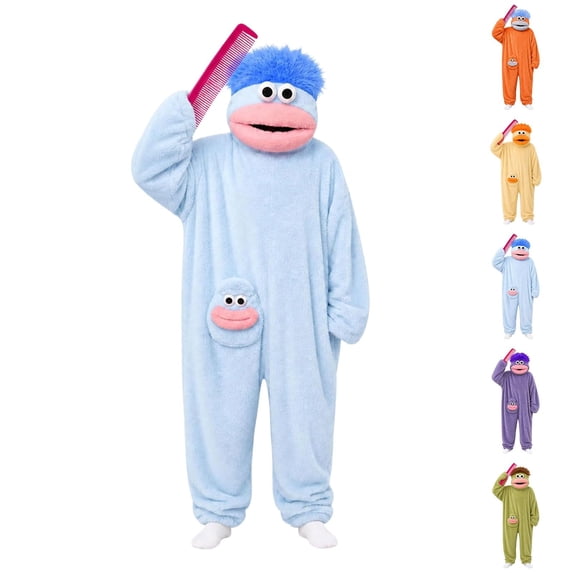 Funny Big Mouth Monster Onesie with Large Comb Prop,Blue Silly Puppet Cosplay One Piece Pajamas, Warm Home Loungewear, Oversized Fleece Sleepwear for Parent & Little One