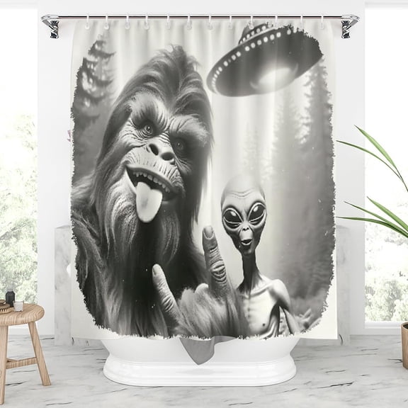 Funny Bigfoot & Alien Shower Curtain,Humor Sasquatch UFO Shower Curtain Sets for Bathroom with 12 Hooks,Funny Bigfoot Gifts for Men Cloth Fabric Bathroom Decor 72 x 72 Inch