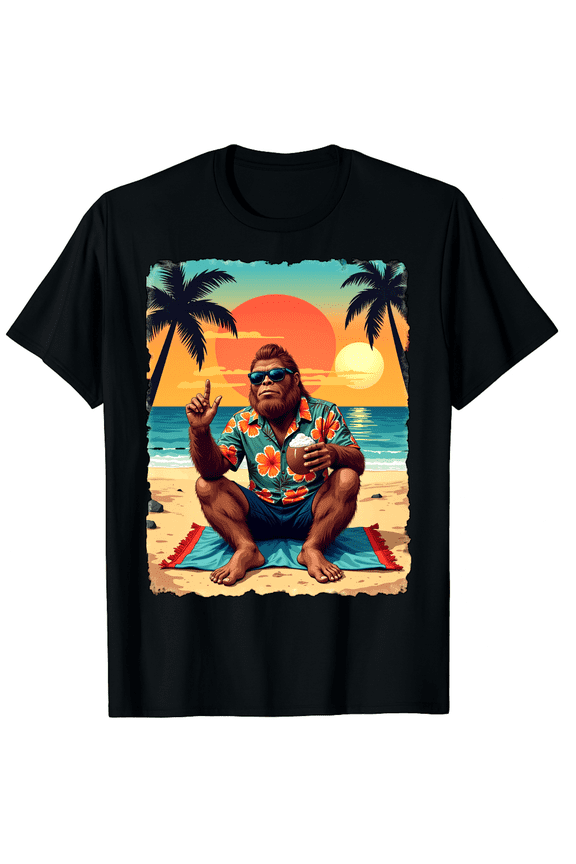 Funny Bigfoot Aloha Hawaiian Surfing Tropical Beach Surfer Graphic Black T-Shirt for Men and Women