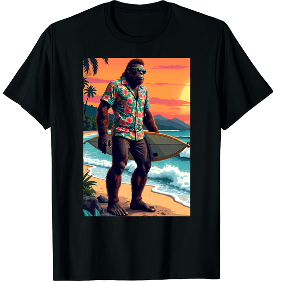 Funny Bigfoot Aloha Hawaiian Surfing Tropical Beach Surfer Graphic Black T-Shirt for Men and Women