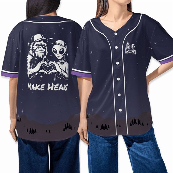 Funny Bigfoot And Alien Make Heart Baseball Jersey - Night Sky Shirt for UFO Lovers & Festival Fans