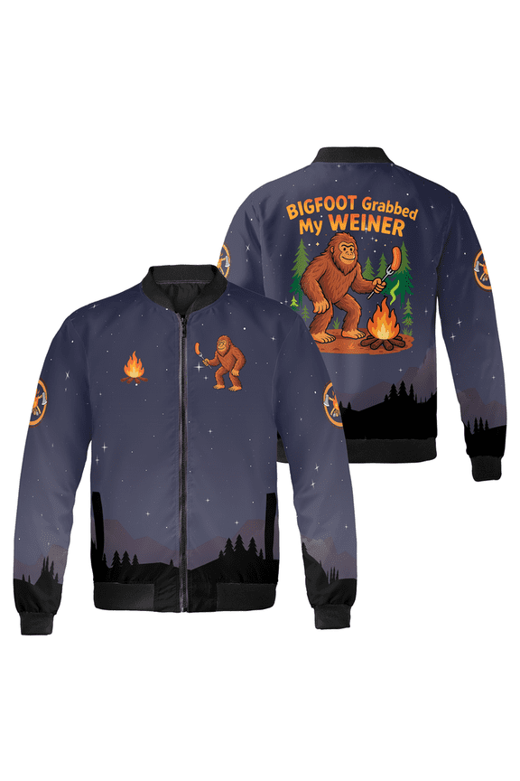 Funny Bigfoot Camping Bomber Jacket – Bigfoot Grabbed My Weiner Joke Jacket for Men & Women