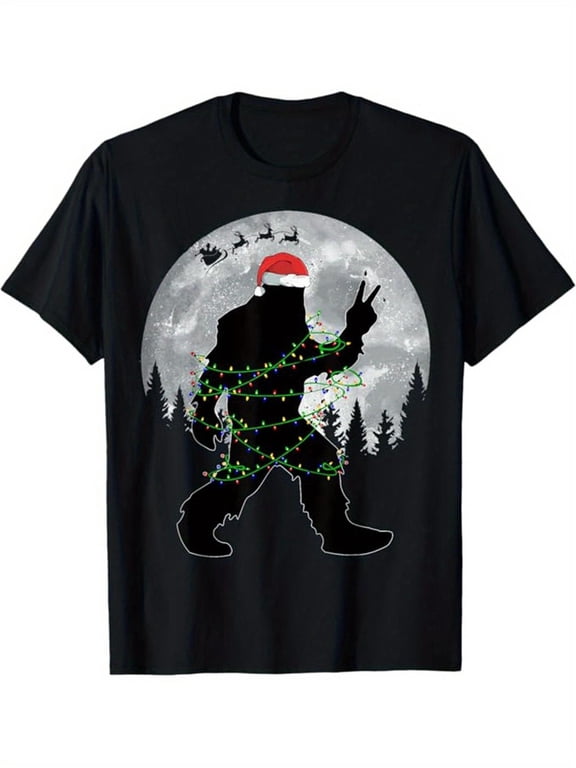 Funny Bigfoot Christmas T-Shirt for Men, Sasquatch Santa Hat Xmas Lights Tee