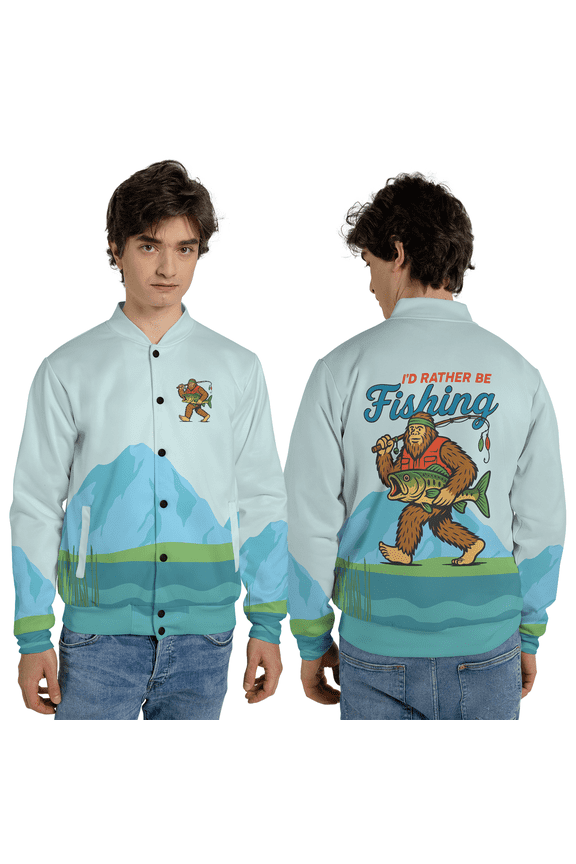 Funny Bigfoot Fishing Baseball Jacket – Sasquatch Fisherman Baseball Jacket, Outdoor Humor Animal Jacket Gift