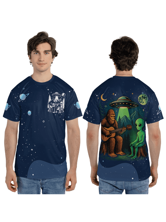Funny Bigfoot Guitar 3d Shirt, Galaxy Print 3D Tee, Bigfoot Alien UFO Campfire Cosmic All Over Print 3D T-shirt