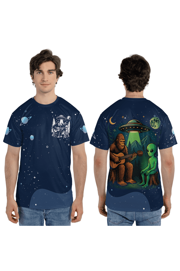Funny Bigfoot Guitar 3d Shirt, Galaxy Print 3D Tee, Bigfoot Alien UFO Campfire Cosmic All Over Print 3D T-shirt