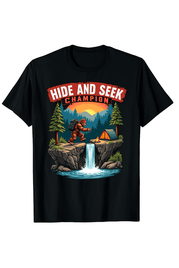 Funny Bigfoot Hide and Seek Champion Graphic Black T-Shirt for Men and Women