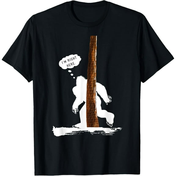 Funny Bigfoot Hiding Behind Tree for Sasquatch Believer T-Shirt men and women can wear, black, white, gifts