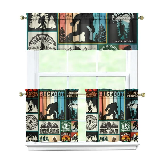 Funny Bigfoot Kitchen Curtains for Windows – Retro Forest Mountain Cabin Decor, Mythical Creature Window Drapes for Nature Lovers, Rustic Camping Themed Curtain Panels