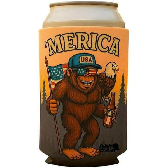 Funny Bigfoot 'MERICA Beer Can Sleeve – Patriotic USA Gorilla with Eagle & Flag – 4th of July Party Gift for Men, Tailgates, BBQs – Insulated American Drink Holder by Funny Trucker Hats