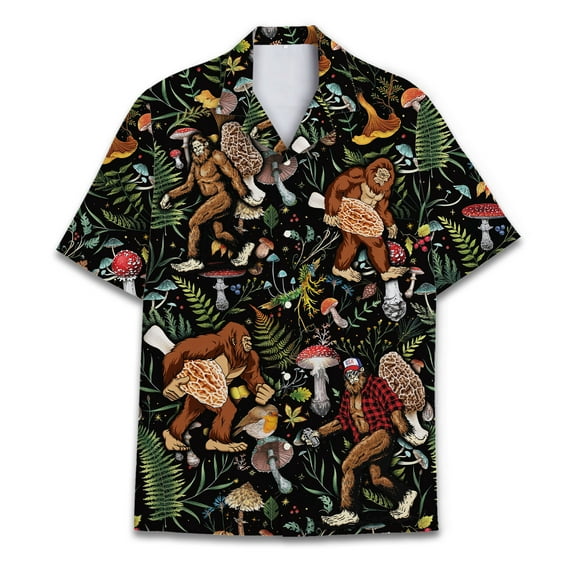 Funny Bigfoot Mushroom Forest Shirt For Men Aloha Mushrooms Sasquatch Mens Hawaiian Shirts Casual Short Sleeve Button Down Shirt Men