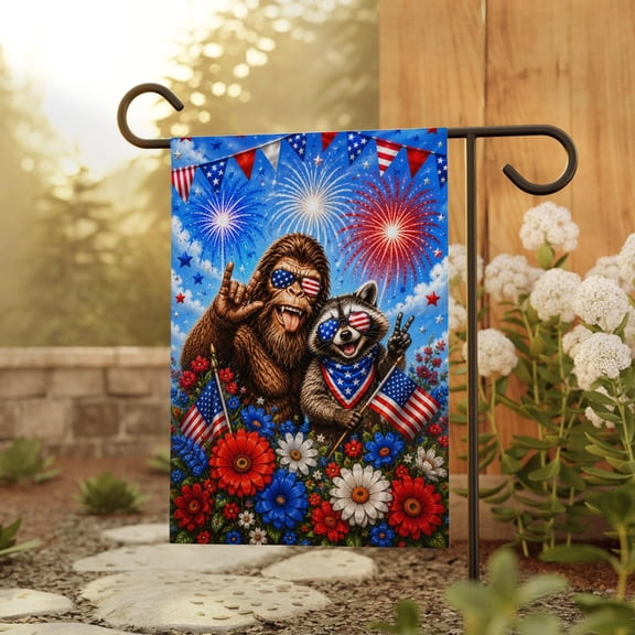 Funny Bigfoot Racoon Selfie Rock On Garden Flag, 4th Of July Patriotic Red White Blue 250th Anniversary Decor