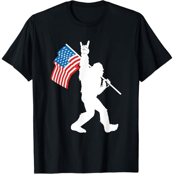 Funny Bigfoot Rock and Roll USA Flag for Sasquatch Believers T-Shirt men and women can wear, black, white, gifts