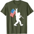thumbnail image 1 of Funny Bigfoot Rock and Roll USA Flag for Sasquatch Believers Unisex T-Shirt for Men Women Kids Toddler,Military Green Color,Size YM, 1 of 5