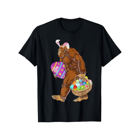 Funny Bigfoot Sasquatch Easter Bunny Ears T-Shirt, Mythical Creature Holiday Egg Hunt Basket Design, Cute Festive Spring Celebration Apparel