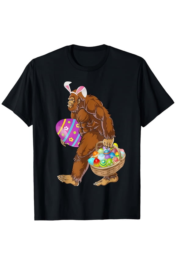 Funny Bigfoot Sasquatch Easter Bunny Ears T-Shirt, Mythical Creature Holiday Egg Hunt Basket Design, Cute Festive Spring Celebration Apparel