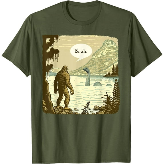 Funny Bigfoot Sasquatch Loch Ness Monster Introvert Bruh Unisex T-Shirt for Men Women Kids Toddler,Military Green Color,Size 2XL