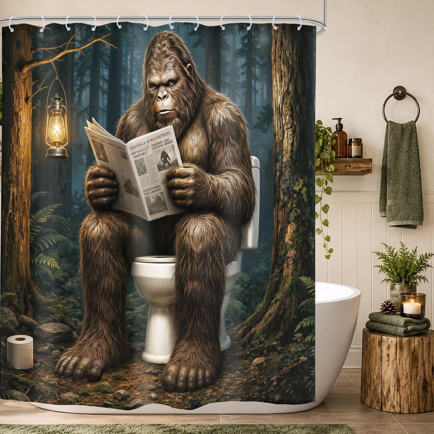 Funny Bigfoot Shower Curtain Reading Newspaper on Toilet in Forest