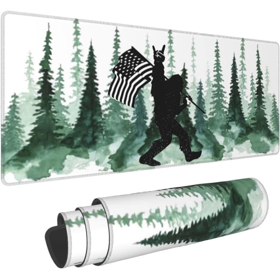 Funny Bigfoot Tree American Flag 4th of July Patriotic Gaming Keyboard Mouse Pad Mousepad Huge Extended XL Stitched Edge Rubber Sole for Home Office(31.5"X 11.8")