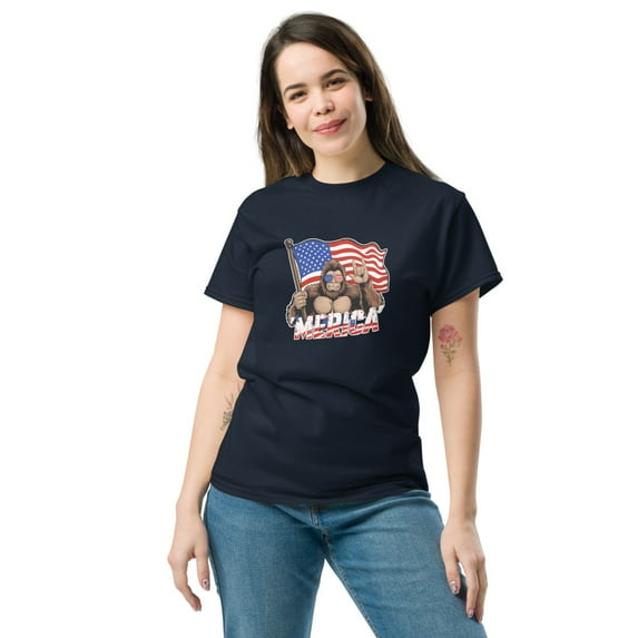 Funny Bigfoot USA Flag T-Shirt, Patriotic 4th of July Apparel (Navy, 2XL)
