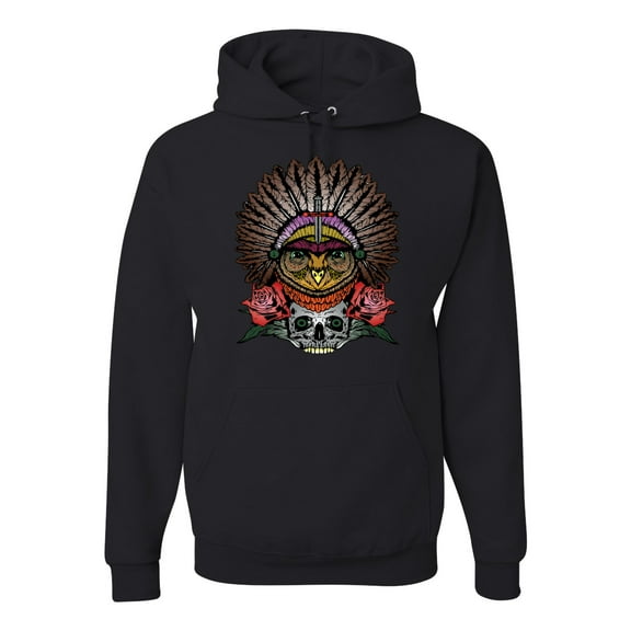 Funny Bird Chief Skull and Roses Vintage Fashion Graphic Hoodie Sweatshirt, Black, Small