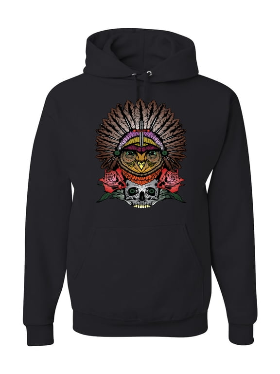 Funny Bird Chief Skull and Roses Vintage Fashion Graphic Hoodie Sweatshirt, Black, Small