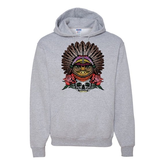 Funny Bird Chief Skull and Roses Vintage Fashion Graphic Hoodie Sweatshirt, Heather Grey, Medium
