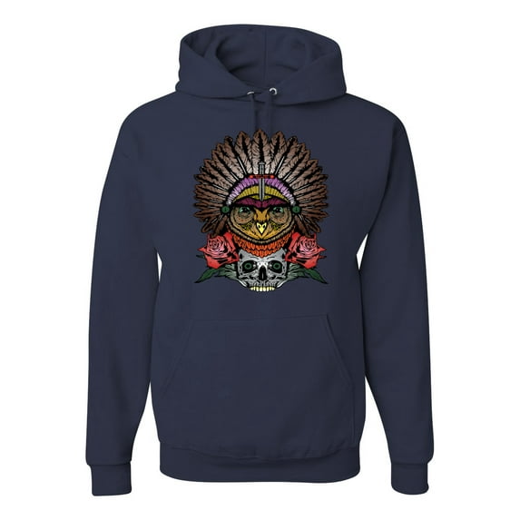 Funny Bird Chief Skull and Roses Vintage Fashion Graphic Hoodie Sweatshirt, Navy, Large