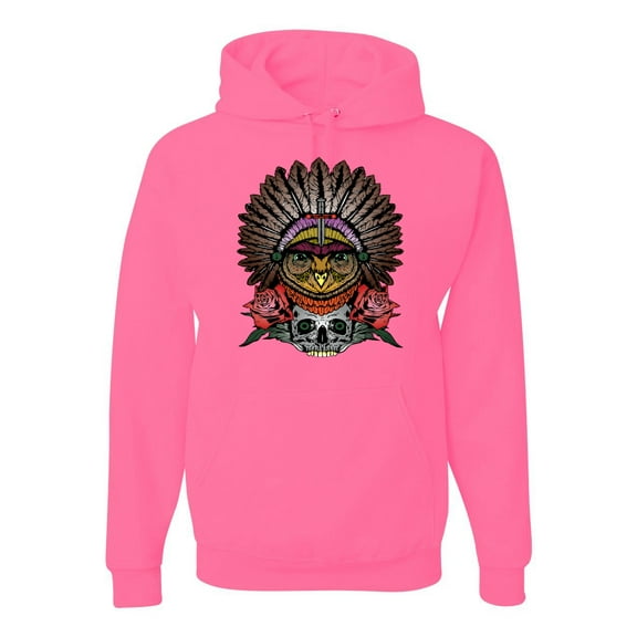 Funny Bird Chief Skull and Roses Vintage Fashion Graphic Hoodie Sweatshirt, Neon Pink, 2XL
