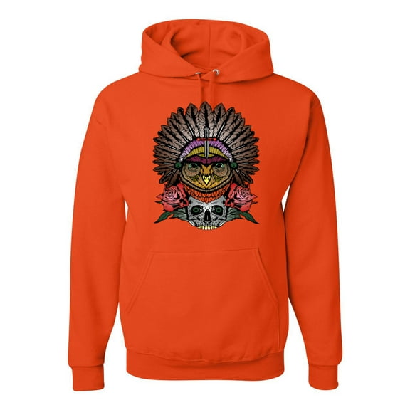 Funny Bird Chief Skull and Roses Vintage Fashion Graphic Hoodie Sweatshirt, Orange, Medium