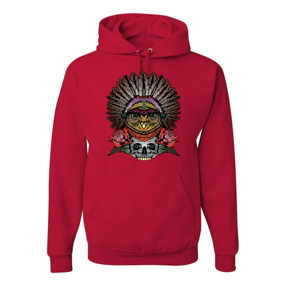 Funny Bird Chief Skull and Roses Vintage Fashion Graphic Hoodie Sweatshirt, Red, Medium