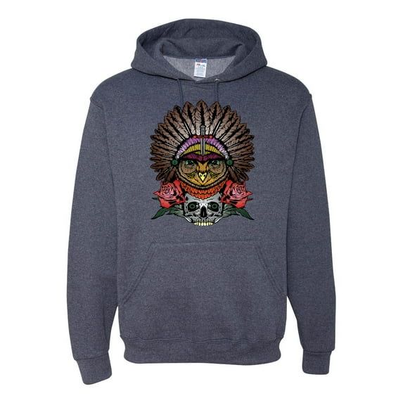 Funny Bird Chief Skull and Roses Vintage Fashion Graphic Hoodie Sweatshirt, Vintage Heather Navy, 2XL