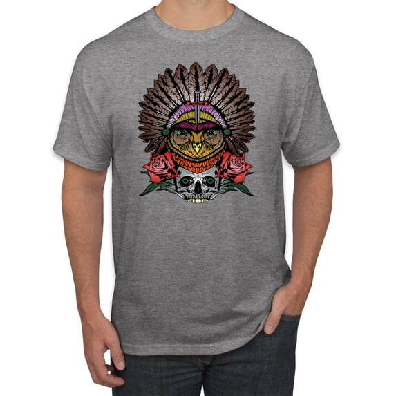 Funny Bird Chief Skull and Roses Vintage Fashion Graphic T-Shirt, Heather Grey, Large