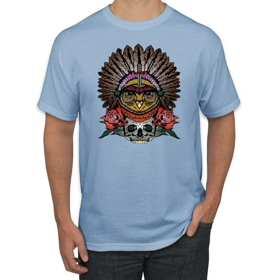 Funny Bird Chief Skull and Roses Vintage Fashion Graphic T-Shirt, Light Blue, 4XL