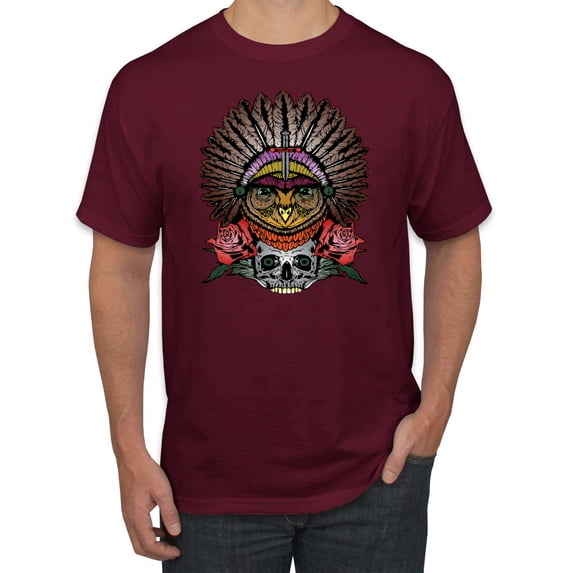 Funny Bird Chief Skull and Roses Vintage Fashion Graphic T-Shirt, Maroon, Large