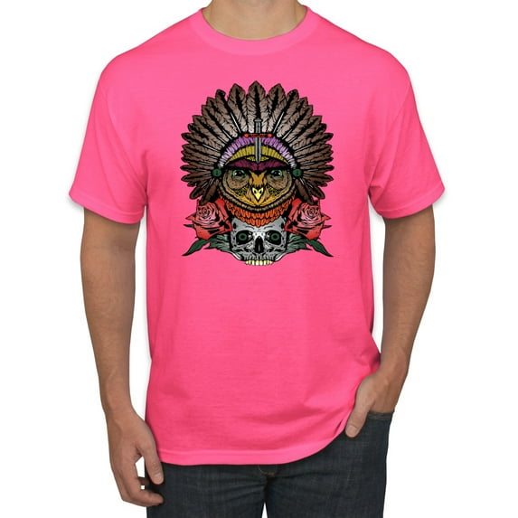 Funny Bird Chief Skull and Roses Vintage Fashion Graphic T-Shirt, Neon Pink, 3XL