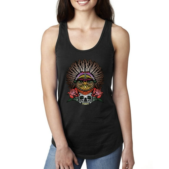 Funny Bird Chief Skull and Roses Vintage Fashion Ladies Racerback Tank Top, Black, Small