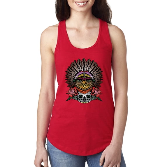 Funny Bird Chief Skull and Roses Vintage Fashion Ladies Racerback Tank Top, Red, Large