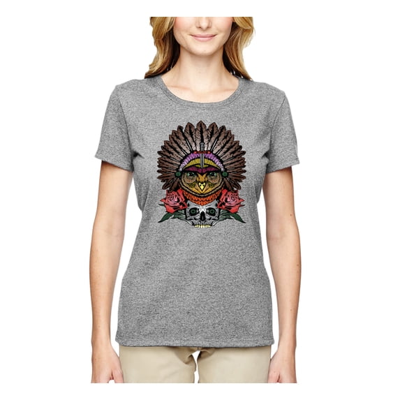 Funny Bird Chief Skull and Roses Vintage Fashion Womens Graphic T-Shirt, Heather Grey, 2XL