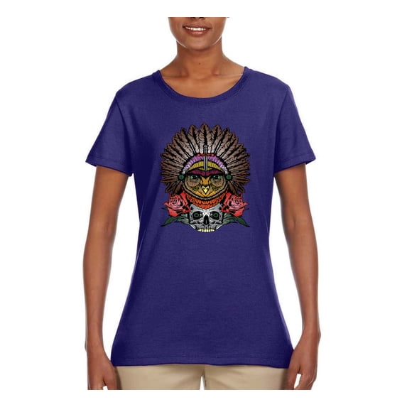 Funny Bird Chief Skull and Roses Vintage Fashion Womens Graphic T-Shirt, Purple, 3XL