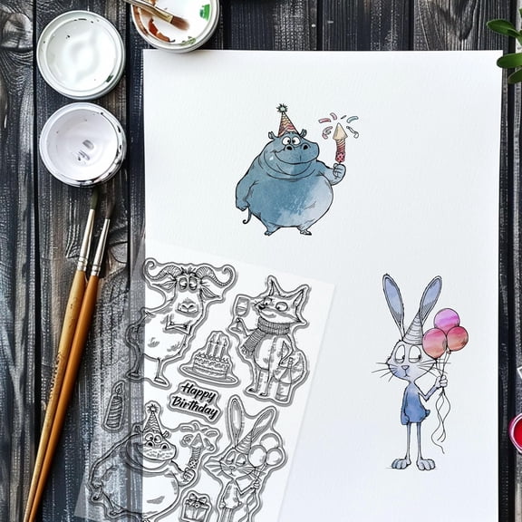 Funny Birthday Animals Clear Stamps for Card Making Sheep Hippo Silicone Stamp Rabbit Fox Transparent Stamp Seal for DIY Scrapbooking Embossing Photo Album Decor