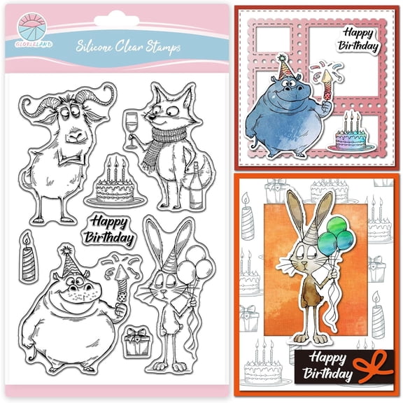 Funny Birthday Animals Clear Stamps for Card Making Sheep Hippo Silicone Stamp Rabbit Fox Transparent Stamp Seal for Scrapbooking Embossing Photo Album Decor colorful DIY
