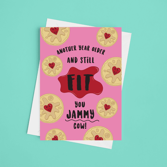 Funny Birthday Card - "Another Year Older and Still Fit You Jammy Cow!" with Cute Cookie Design - Envelope Included, Blank Inside - Perfect for Friends and Family