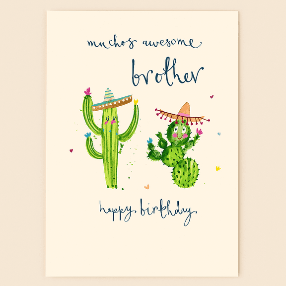 Funny Birthday Card for Brother Muchos Awesome Brother Design with Cactus Characters Envelope Included, Blank Inside Perfect for Celebrating Brother's Birthday